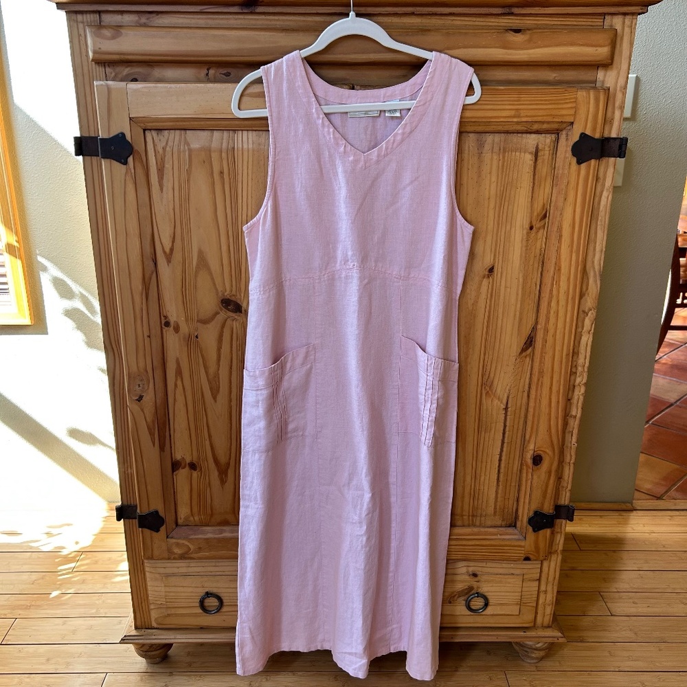 Studio Works Dress 100% Linen Sleeveless Maxi Pockets Pink Women Medium
